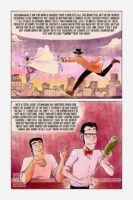 Comic page in colour with oranges, purples and yellows. First panel, Lupin is running across a rooftop with a painting under one arm, he’s dressed in a white suit with a white top hat. Zenigata is chasing after him with his arms out. Narration reads “Guyahaha! I am the world famous thief Lupin III! All the beautiful art in the world deserves to be owned by me! There is no painting I cannot steal. To keep myself amused I tell people in advance what piece I am coming for, just to watch them fail at their pathetic attempts to stop me. Recently a new inspector has been put on my case. He’s no match for me of course, but he’s loads more fun than the last one. Every time I slip out from under his grasp with the treasure he stands left behind, shaking his fist and yelling “Lupin!” into the night. Panel two, the inside of a bar where Lupin is pouring a drink for Zenigata who’s happily chatting him up. Narration reads “He’s a total goof, so imagine my surprise when one night he shows up at my bar! I thought he had caught on, but it turns out he can’t tell I’m Lupin when I’m not in my costume. Since then he’s been trying to hunt down Lupin every day while coming to visit Arsene every evening. I am still the greatest thief in the world and no painting in Paris is safe from my grasp, but with that dope inpector hounding my every step things are going to get a lot more interesting!”