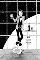 Black, white and greyscale illustration of Lupin the eighth standing in the center of the image. He’s smiling with a wink, holding a wine glass in his right hand that’s lifted up in a low toast. He’s leaning on a futuristic side table with a wine bottle and another glass of wine on it. The background is a floor to ceiling window where we can see outer space and a galaxy of stars.
