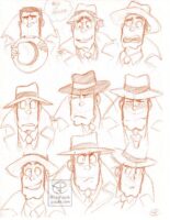 Sketch page of nine different expressions of Zenigata done in orange pencil.