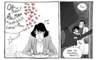 Black and white drawing in two panels. Panel one shows Goemon attempting to meditate with his eyes closed but a giant speech bubble coming from the next room is too big to ignore. The speech bubble reads “Oh~ Jigen! Ahhhm Mmm Ohhhhh Lupin! Mmm” with many hearts around it. Panel two is much smaller and shows the shadow of Goemon’s hand opening his sword in the doorway, while in the room we see Lupin and Jigen in a compromised position and blushing. Goemon’s sword covers their nudity. Lupin says “Eep! Were you meditating again?!”