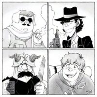 Square image split into four sections, each with a portrait inside it. The drawings are all greyscale. Characters shown are: Porco from Porco Rosso, Jigen from Lupin the Third, Senshi from Delicious in Dungeon, and Samwise Gamgee from Lord of the Rings.