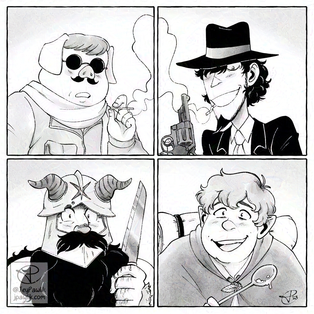 Square image split into four sections, each with a portrait inside it. The drawings are all greyscale. Characters shown are: Porco from Porco Rosso, Jigen from Lupin the Third, Senshi from Delicious in Dungeon, and Samwise Gamgee from Lord of the Rings.