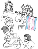 Image with four different black and white inked drawings on it. The first is a small halfling girl leaning on her elbows with her head in her hands while smiling and looking to the right. The second is a tall oni character from One Piece holding a trans flag, they are smiling wide and looking to the right. The third is a boy with his hands up in a peace sign and a little heart above his fingers, he’s smiling and looking to the left. The fourth is a side shot of Mikael and JP from Dead City holding champagne glasses and clinking them together happily.