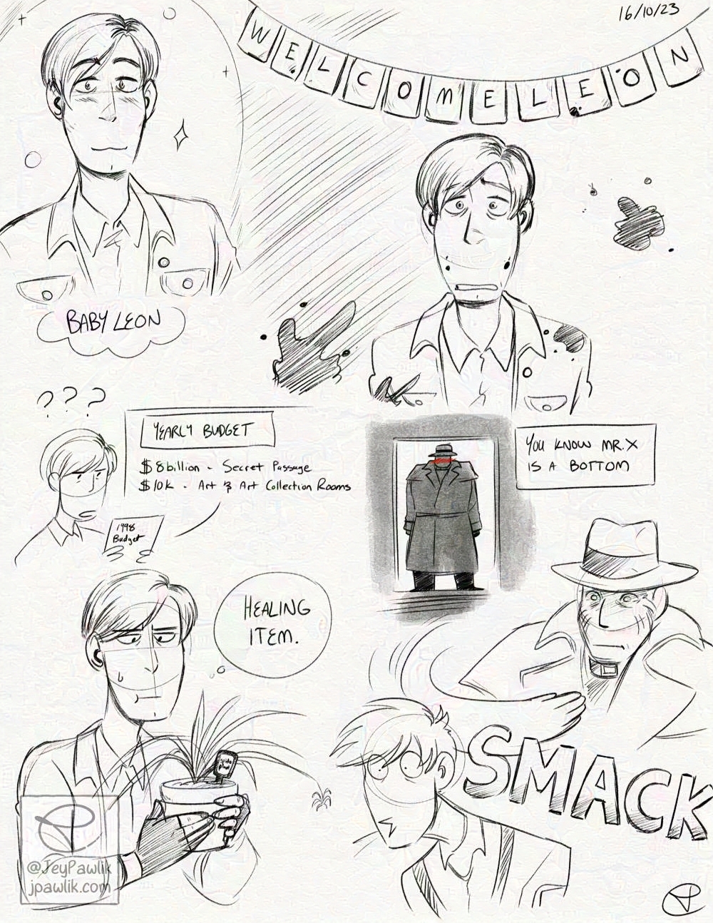 Sketch page done in grey pencil of various moments from Resident Evil 2, showing baby Leon on his first day of work, solving various puzzles, and being confused about using a house plant as a healing item.