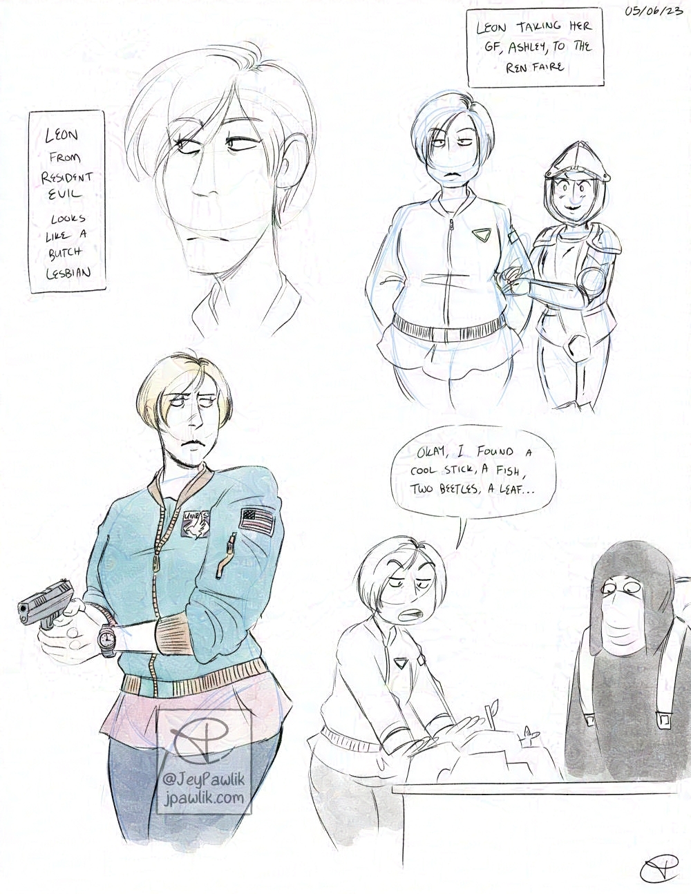Sketch page done in grey pencil with spots of colour. Leon as a butch lesbian. Leon taking her gf Ashley, who’s dressed in armor to the Ren Faire. Leon selling various pieces of garbage to the merchant.