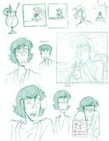 Sketch page done in green pencil of various Goemons with different expressions and my young Goemon design. Some thumbnails and a sketch of a separate illustration are included.