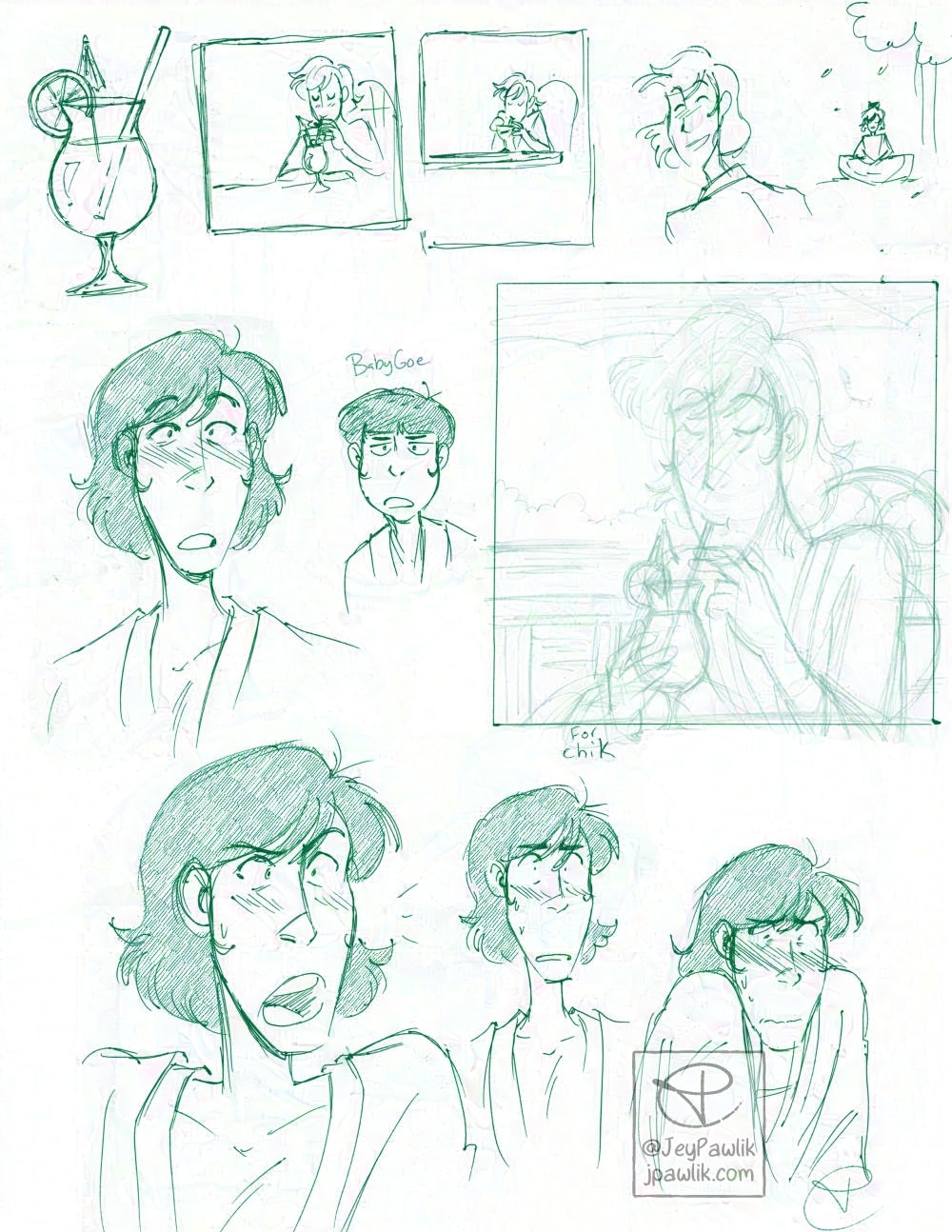 Sketch page done in green pencil of various Goemons with different expressions and my young Goemon design. Some thumbnails and a sketch of a separate illustration are included.