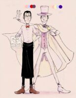 Full body drawing of Lupin in two different outfits, the one on the left is wearing a bartender’s outfit with a collared shirt and red bowtie with a long black waist apron and black pants with brown boots. The Lupin on the right looks more menacing while wearing a white suit and top hat with a purple vest and dark purple bowtie and cream coloured cape, he’s holding a cane with a gold bobble on the top.