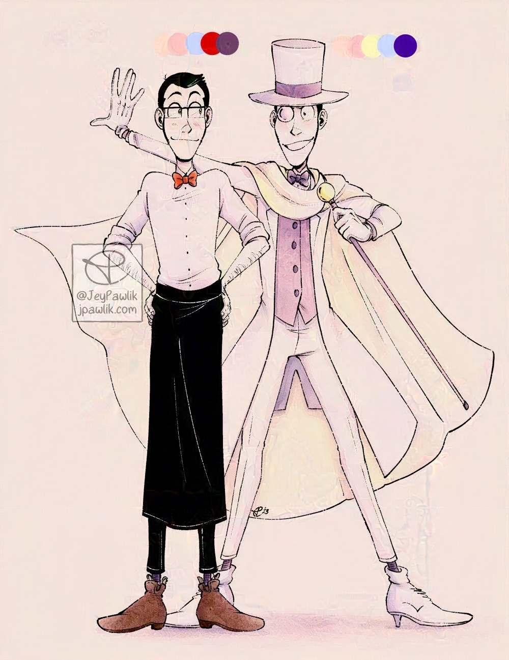 Full body drawing of Lupin in two different outfits, the one on the left is wearing a bartender’s outfit with a collared shirt and red bowtie with a long black waist apron and black pants with brown boots. The Lupin on the right looks more menacing while wearing a white suit and top hat with a purple vest and dark purple bowtie and cream coloured cape, he’s holding a cane with a gold bobble on the top.