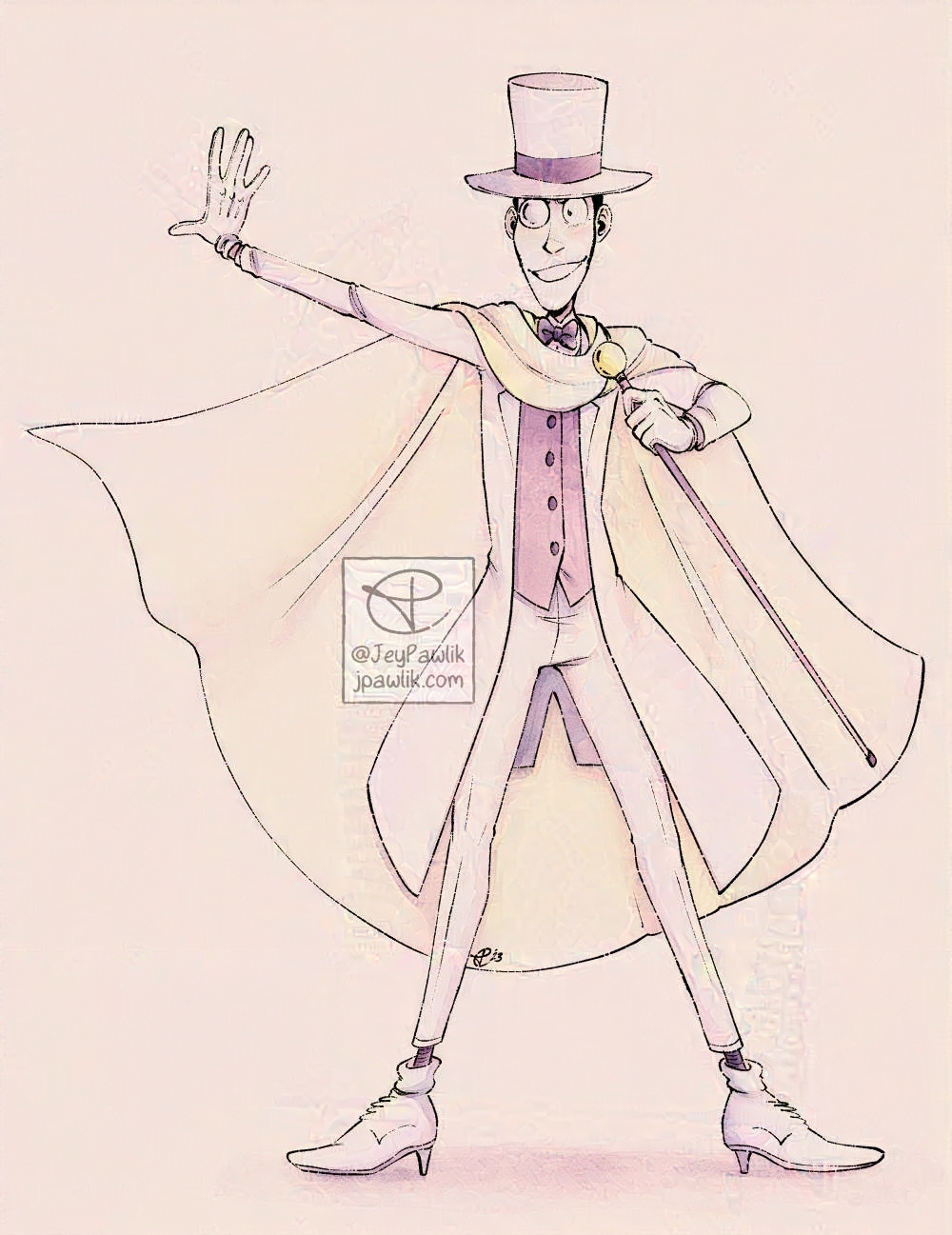 Full body drawing of the second Lupin from the first drawing, this is Lupin in a white suit with billowing cape and top hat.