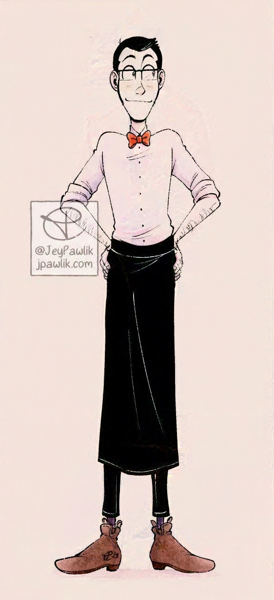 Full body drawing of just the first Lupin from the previous drawing, this is Lupin in a bartender’s outfit.