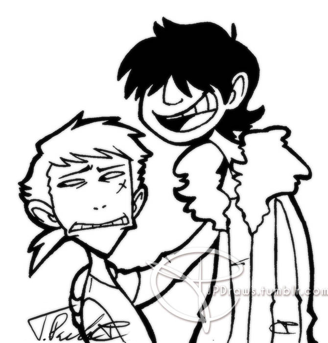 An old illustration from 2012 of Taisei with his arm around Yuudai's shoulder. Taisei is smiling and oblivious while Yuudai looks uncomfortable. The drawing is in black and white and done in thick lineart.