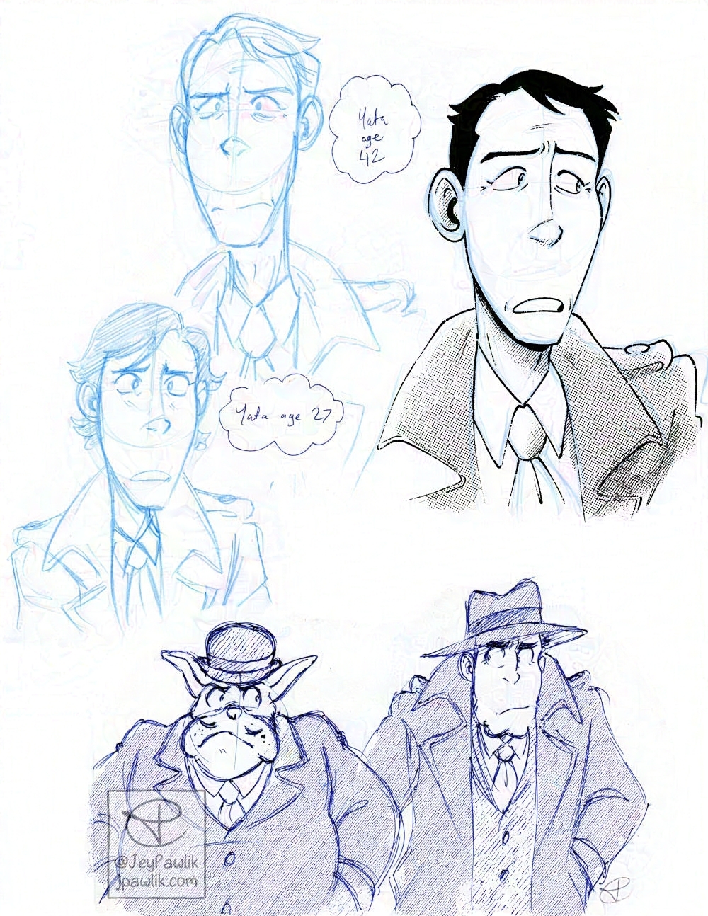 Sketch page showing five sketches in blue pencil and blue ballpoint pen. The first two are Yata in blue pencil, he looks worried and to the right of the two sketches reads “Yata age 42” and “Yata age 27”. To the right of those is a larger greyscale Yata head as he appears in The Curtain Falls comic, he’s looking worriedly to the right. Below these is a ballpoint pen sketch of Lestrade from Sherlock Hound with his hands in his pockets looking angrily up at Zenigata beside him, who also has his hands in his pockets and is looking down at Lestrade suspiciously.