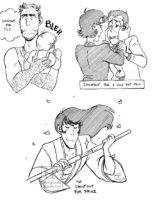 Image with three different black and white inked drawings on it. The first has the text “shoutout for TLC” in which TLC’s character, an older man with scarred arms, holds a baby against his chest as it barfs on him, we only see the back of the baby and the sound effect “BLEH…” as the man’s face stares off in the distance tiredly. The second drawing has the text “shoutout for a wild rat man” and shows a crying Lupin holding desperately onto Yata’s arms as Yata reaches up to hold Lupin’s face with his hands, Yata is looking sadly into Lupin’s eyes. The last drawing has the text “shoutout for FRNZ” and is Goemon with his eyes closed and a smile on his face, he’s sheathing his sword as the wind blows his hair majestically to the right, there are sparkles and cherry blossoms floating around him.