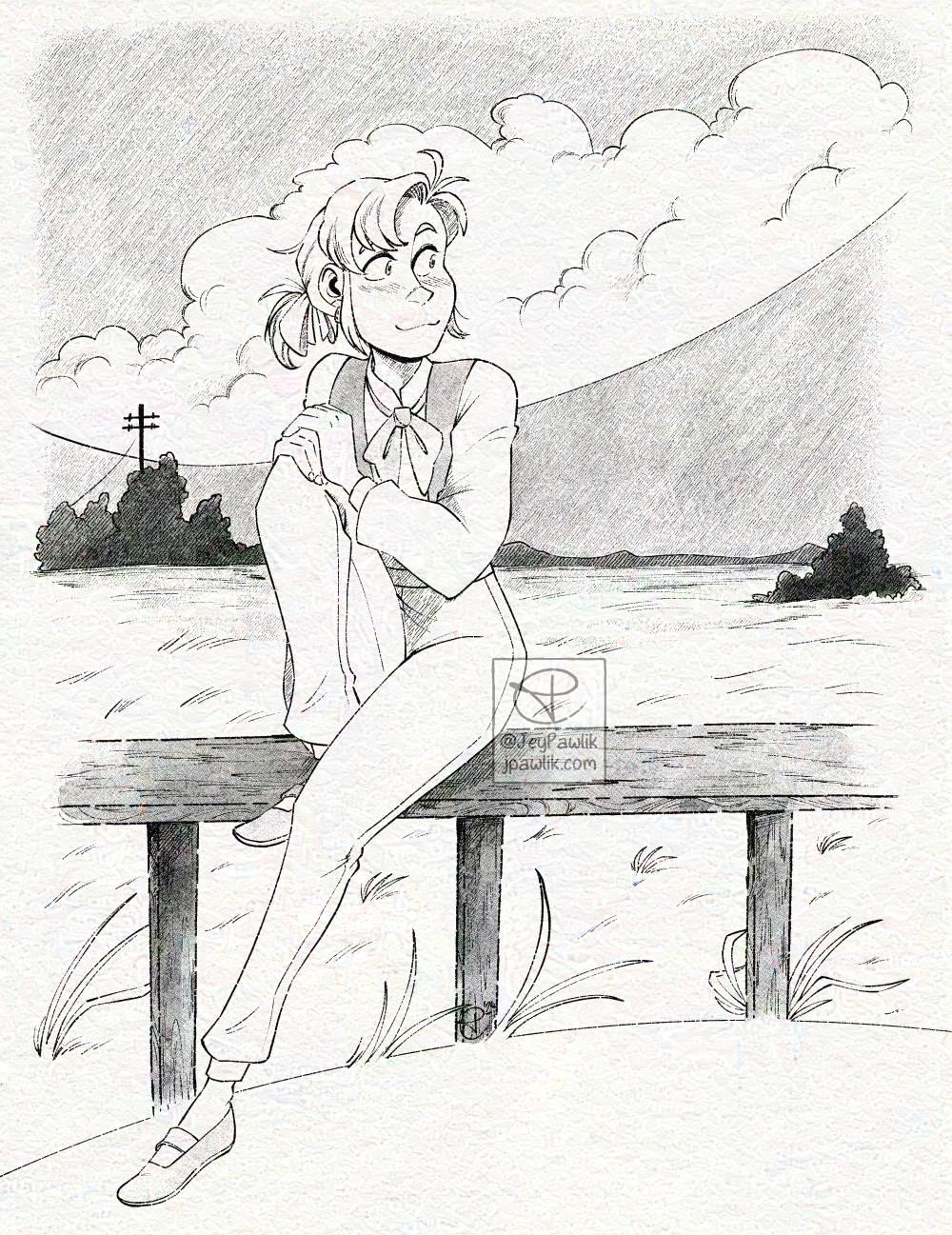 Black and white illustration of Alpha from Yokohama Kaidashi Kikou, a full body pose of her sitting on a log fence in a field looking to the right with a smile. Her knee is up by her chest and she’s resting her hands on her knee and the other leg is on the grass below her. The background is a wide open field with sparse trees and telephone poles scattered about.