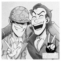 Square drawing made to look like a black and white film photograph. A young Jigen is arm in arm with a young Mash, from the Lupin the third tv special Hemingway Papers, the two of them are wearing army uniforms and smiling for the camera, they have their hands up in peace signs. Jigen is wearing a helmet that covers his eyes but does not have a beard. Mash is wearing a higher ranking uniform than Jigen and has his hair in a mullet style, with just a few moustache hairs on his upper lip.