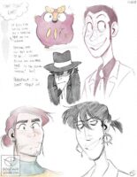 Sketch page with five head shot doodles on it. The top left corner reads “New tablet get! It does this weird thing on a specific spot on the screen. Samsung had no idea what to do, it happened after an exchange and on the floor models! Boo! Hopefully it’ll sort itself out.” On the right side of the page, there’s a coloured doodle of Darumaka running with her hands up and a big smile on her face. Beside that is a portrait sketch of Lupin looking to the right smiling. Below that is a smaller portrait of Jigen looking flustered. At the bottom of the page shows two original character sketches, the first one is of Sten, coloured, he’s a big muscular man with a thick jaw and eyelashes, he’s got long pink hair pulled back into a bun and he looks concerned. Next to him is another original character, Salvator, who’s not coloured in, and he’s smiling while looking to the right, he’s a skinny man with long black messy hair also pulled back into a bun but his bangs hang over his eyes. He’s wearing fancy jewellery.