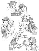 Image with four different black and white inked drawings on it. The first shows a shoulder up shot of Lupin from behind sniggering while holding a banana peel and Goemon in front of him clutching his sword with his eyes behind his bangs and is blushing madly, under the drawing reads “shoutout for FRNZ”. The second is a waist up shot of two original characters in each others arms looking at each other, one is a man in a navy uniform and the other is a girl with big poofy hair and freckles, under the drawing reads “shoutout for Rocket”. The third drawing is a waist up shot of Kent Mansley from the Iron Giant being kissed on the cheek by Jigen from Lupin III, under the drawing reads “shoutout for Peggy”. The last drawing is a waist up, profile shot of two characters from RWBY, a blond boy in a black sweatshirt and elbow pads clasping the hands of a shorter girl with black hair and a cape, they’re looking at each other excitedly, text above the drawing reads “shoutout for Lake and Willow”.