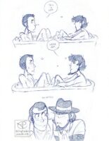 Sketch page with three drawings done in blue ballpoint pen. The first is Lupin and Jigen in a small bathtub together, they're not wearing clothes but you can only see them from the waist up and their knees above the water of the tub, Lupin looks at Jigen concerned and says "This is gay." Jigen has an indifferent expression on. The next drawing is similar to the first, except Jigen responds "We're gay." The last drawing is Lupin and Jigen from Lupin VIII, the space alternate reality. The two of them are in a huddle together looking at one another with concerned expressions. A handwritten note above them reads "Some soft boys".