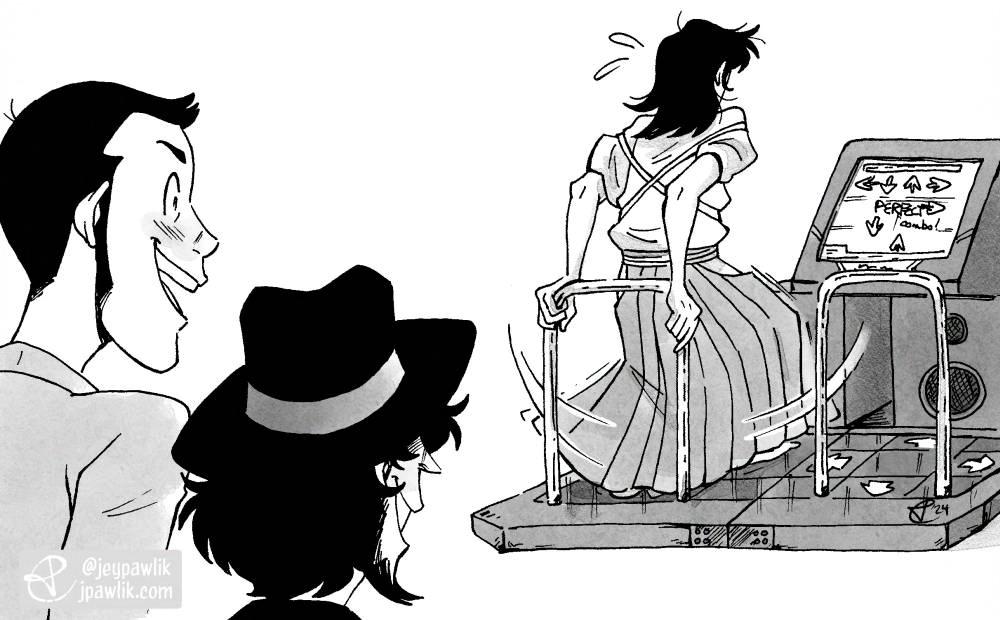 Black and white illustration, Lupin and Jigen are on the left cheering for Goemon on the right who’s playing on a Dance Dance Revolution machine intensely. We only see him from behind but he’s sweating and holding the bars behind him as his feet move incredibly fast. The screen reads “Perfect combo!”