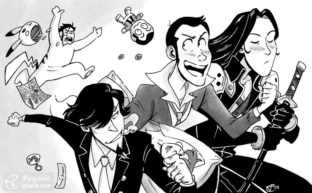 Black and white illustration of Lupin, Jigen, and Goemon running from Zenigata while they’re all dressed in cosplay. Lupin as Spike Speigel, Jigen as Sanji, Goemon as Sephiroth, and Zenigata in a Pikachu mascot costume but his Pikachu head has flown off while he runs after them covered in sweat. There’s various merch falling around them as they run like a Lupin plushie, a Cagliostro poster, a Jigen keychain, and some buttons. Lupin is holding a body pillow of Fujiko.