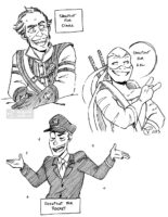 Image with three different black and white inked drawings on it. The first shows a waist up drawing of Regis from Witcher 3, he has his hands together and leaning on a table while looking to the right with a big toothy smile under the drawing reads “shoutout for Claire”. The second is Leonardo from Teenage Mutant Ninja Turtles with two of his three fingers up like a peace sign and he’s smiling while looking to the left under the drawing reads “shoutout for Kal”. The third is a person’s original character, who’s wearing a navy uniform and hat with his arms up in a shrug but his expression is a big grin and his eyes closed like he didn’t do anything wrong, text under the drawing reads “shoutout for Rocket”.