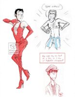 Sketchpage showing 3 traditional drawings done in ballpoint pen with a bit of colour. Lupin is in a sexy onepiece leather dress with matching boots and gloves striking a sultry pose. Lupin is in his boxers pointing at his nipples that are in the shape of his bean face logo, he also has top surgery scars. Handwritten text that reads "Also might try my hand at a fic, or a fic w/ illustrations interspersed." with a doodle of a shabby looking young Jigen.