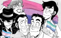 Black and white illustration with spot colour of Lupin, Zenigata, Jigen, Fujiko and Goemon posing for a selfie all holding different pride flags.