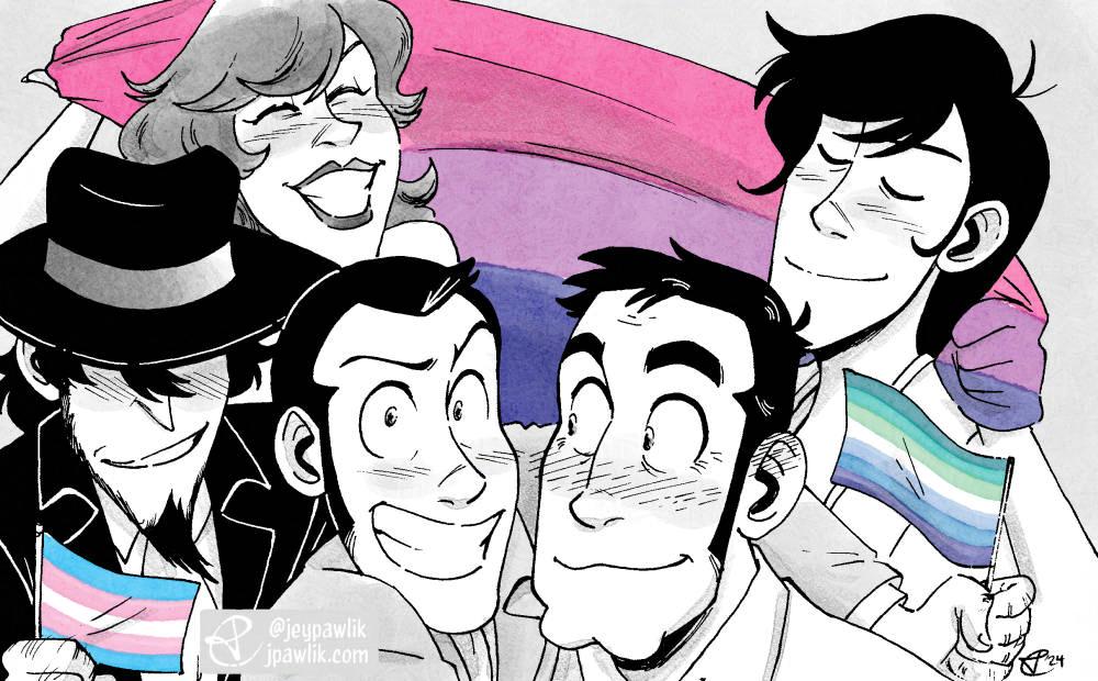 Black and white illustration with spot colour of Lupin, Zenigata, Jigen, Fujiko and Goemon posing for a selfie all holding different pride flags.