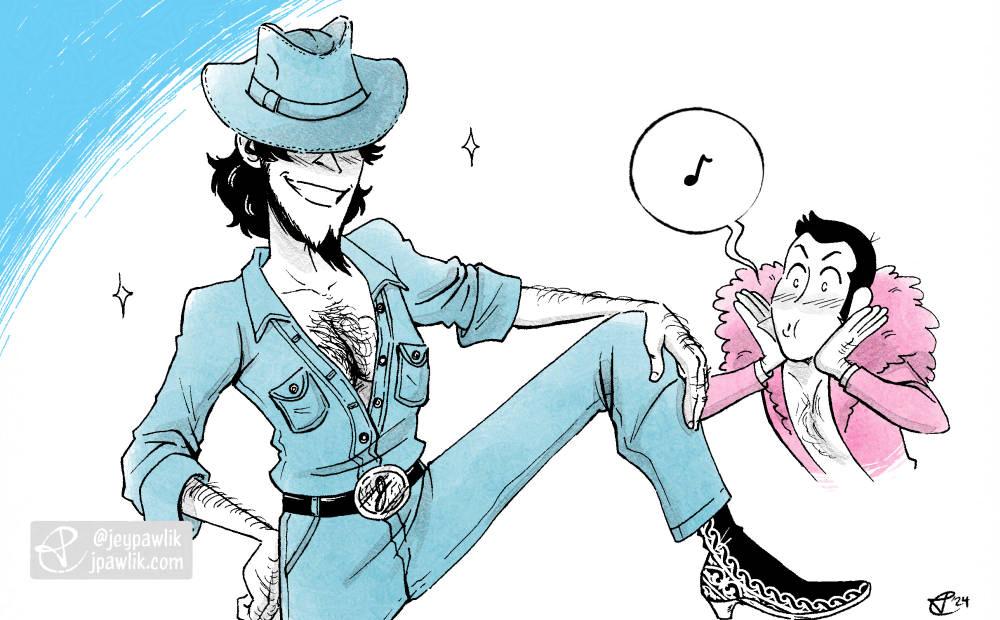 Black and white illustration with spot colour of Jigen posing with one leg up in a jean suit and jean cowboy hat and cowboy boots. Lupin in the background is wolfwhistling at him, while Lupin wears a big pink fluffy coat.