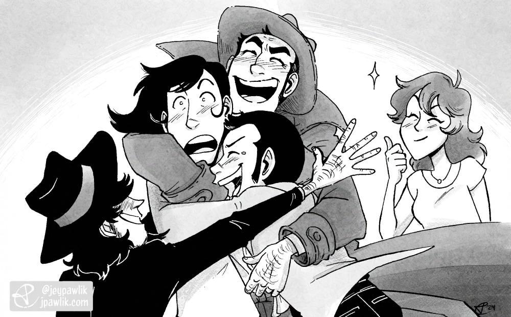 Black and white illustration of Lupin, Jigen, and Zenigata excitedly hugging a surprised Goemon. Fujiko gives a thumbs up in the background.