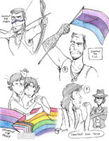 Image with four different black and white inked drawings on it. An original character holding a bow and arrow with "Shoutout for Mikey" next to him. An original character holding a large bi flag sternly with "Shoutout for TLC" next to him. Young Lupin and Jigen from Lupin Zero napping together under the bi flag and the progress flag with "Shoutout for Peggy" under it. Goemon eating a cookie while Jigen smirks about it in the background, with "Shoutout for FRNZ" under it.