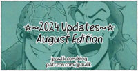 Rectangular image with the text “2024 Updates, August Edition” over top of an illustration of Jigen and Mash from Lupin the Third. The text “jpawlik.com/blog and patreon.com/jpawlik” is at the bottom of the image.