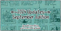 Rectangular image with the text “2024 Updates, August Edition” over top of comic panel layout practice. The text “jpawlik.com/blog and patreon.com/jpawlik” is at the bottom of the image.