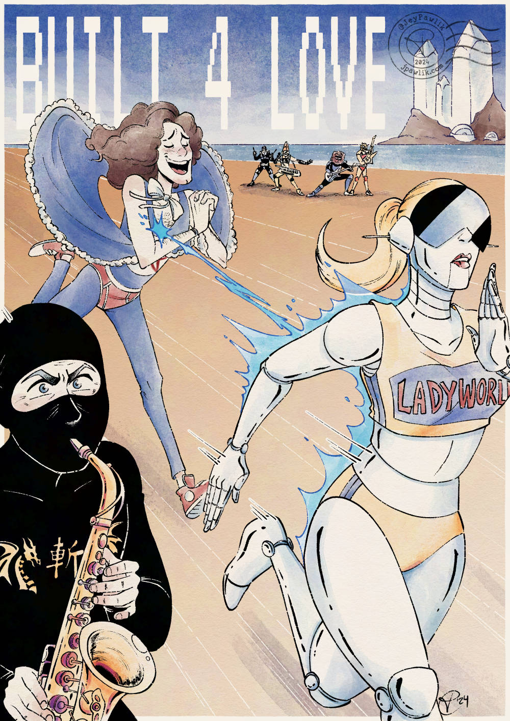 Illustration for the song Built 4 Love by Tupperwear Remix Party and Ninja Sex Party. Ninja Brian is in the foreground looking at the camera while playing a sax through his mask. A robot lady in a marathon outfit is running to the bottom right with Danny running after her in his blue suit, he's being shot through the heart by an electric blast from the robot. TWRP is in the background playing their instruments with the text "Built 4 Love" behind them on the horizon line.