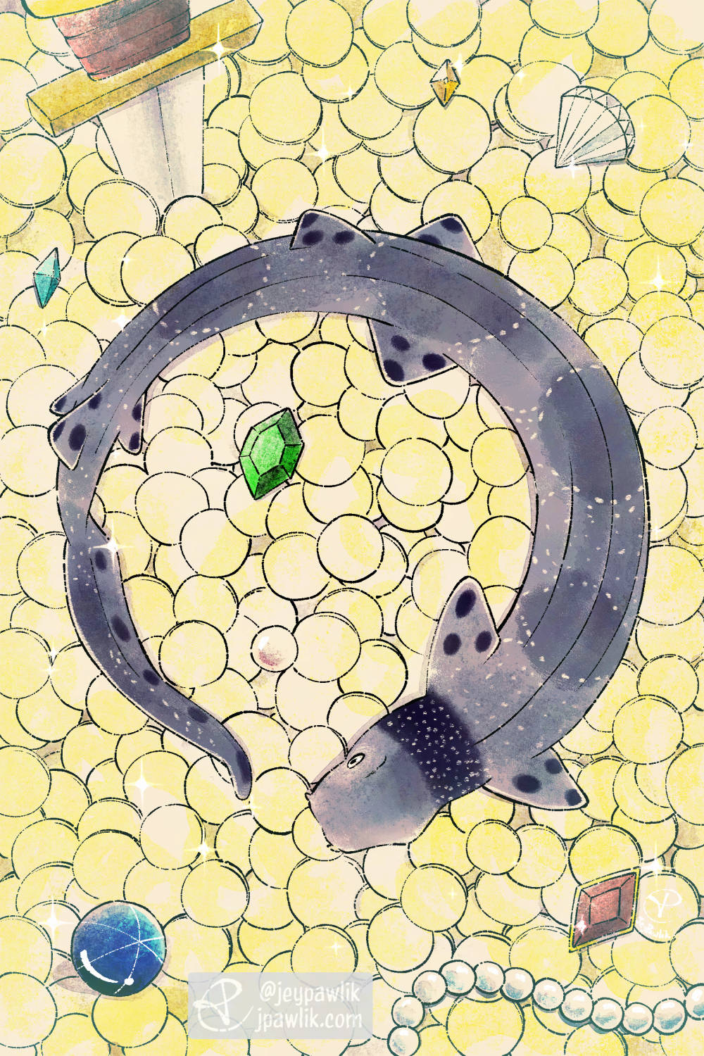 Illustration of a necklace carpet shark seen from above, it's curled up in a circle sitting over a hoard of treasure like gems, coins, pearls, and a sword.