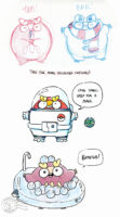 Sketch page of Darumakas in Halloween costumes. The first is a sketch of Unova Darumaka in red pencil licking a blue popsicle. The second is Galar Darumaka drawn in blue pencil and wearing a red scarf. The third is Unova Darumaka wearing an astronaut costume saying "One small step for a Maka." The last is Unova Darumaka wearing a clear innertube that's made to look like a bubble bath tub, and she's saying "Bathtub!"