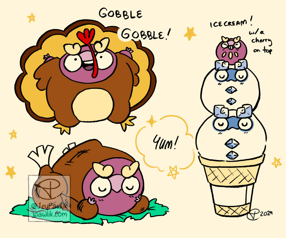 Three illustrations: Darumaka wearing a feathered turkey outfit saying 'gobble gobble', Darumaka wearing a cooked turkey costume saying 'yum!', and two Galar Darumakas sitting on an icecream cone with a small Unova Darumaka on top saying 'Icecream, with a cherry on top'.