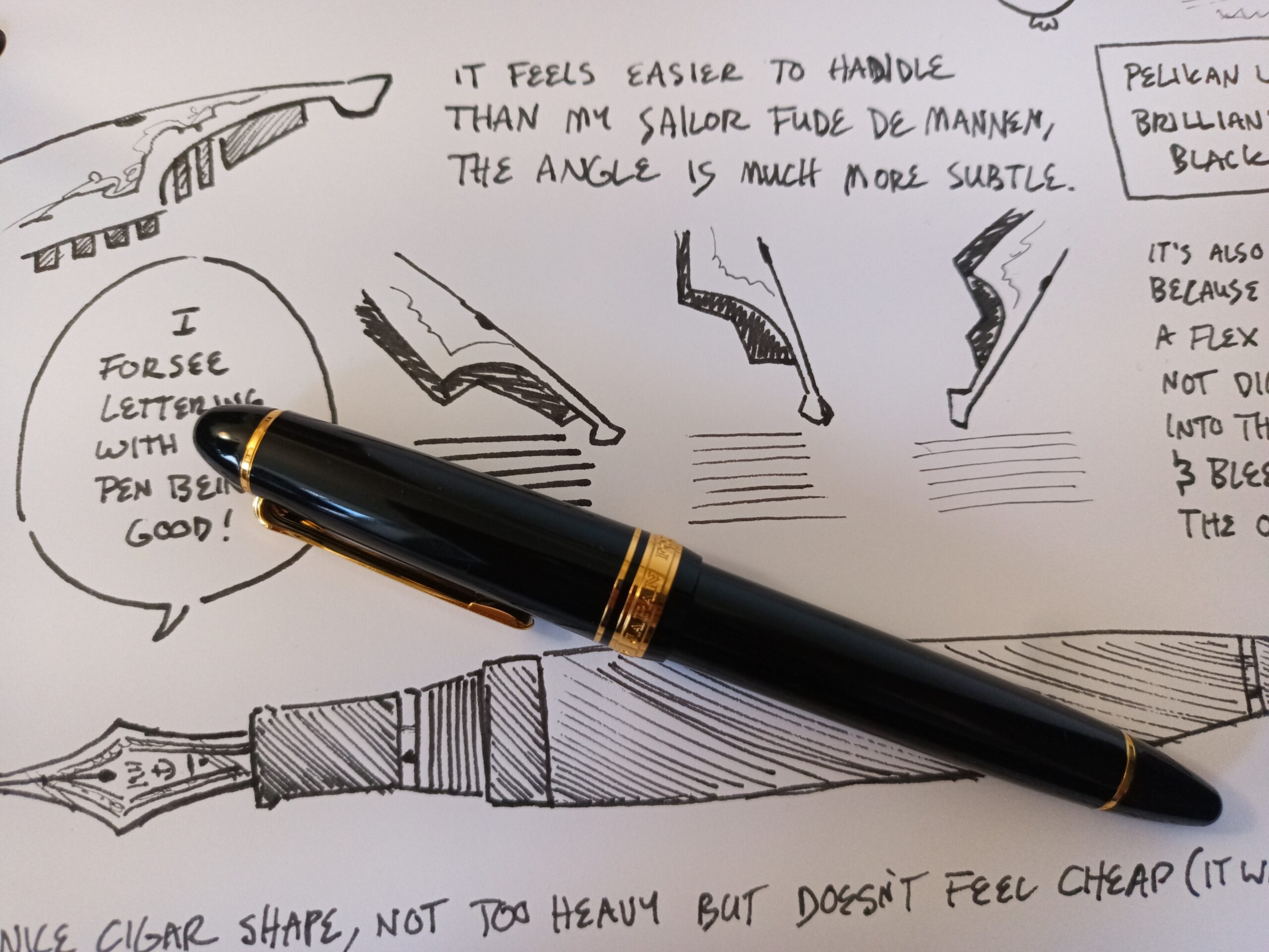 Photo of a Sailor Profit 1911, 21k fountain pen with it's cap on and sitting on top of a test page.