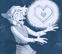 Illustration of Link from The Legend of Zelda, he's looking surprised at a floating heart container in front of him and his arms are outstretched below it.