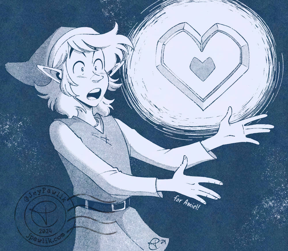 Illustration of Link from The Legend of Zelda, he's looking surprised at a floating heart container in front of him and his arms are outstretched below it.