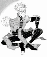 Illustration of Vash the Stampede from Trigun Maximum, he's sitting on the ground with his legs sprawled out and an arm on one knee. He's smiling with his eyes closed and is facing to the right.