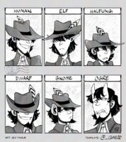 An art template for drawing characters as Delicious in Dungeon races. Jigen is drawn in a fantasy style outfit with an archer's hat with a feather sticking out of it; he's drawn as a human, elf, halfling, dwarf, gnome, and an ogre. Text reads "art by Jey Pawlik, template by @_QAE0"