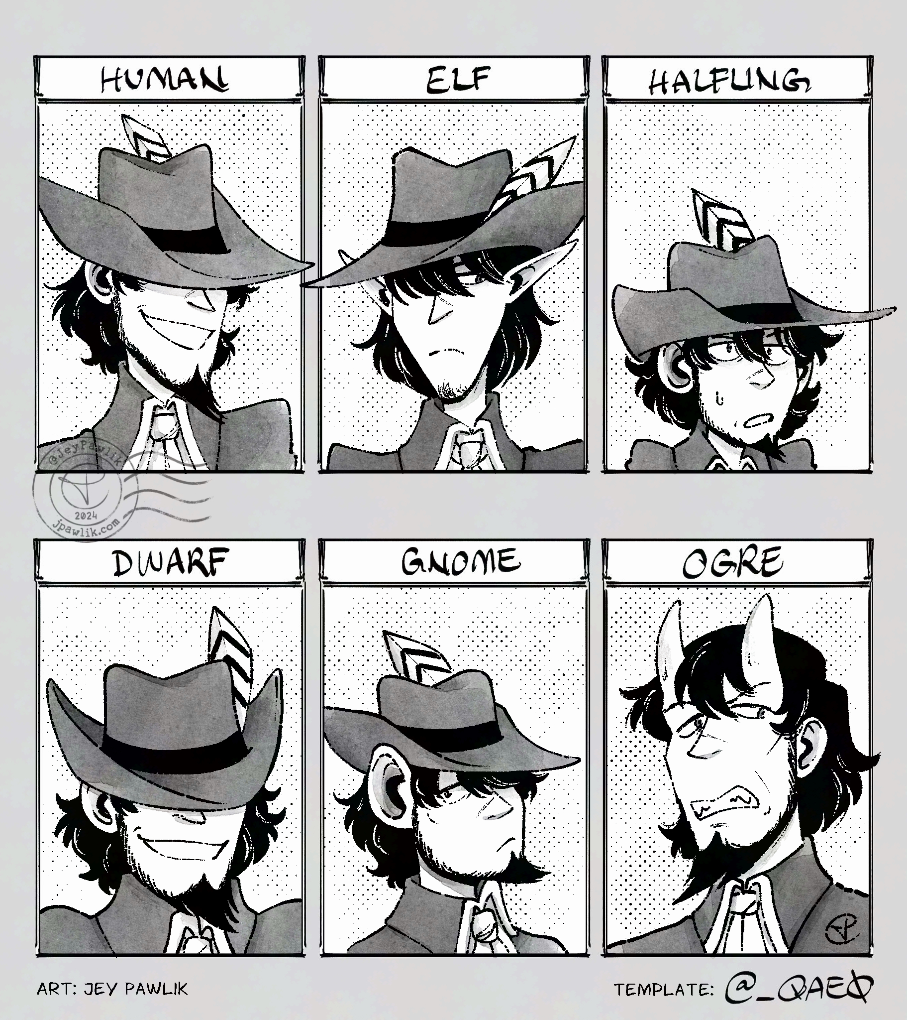 An art template for drawing characters as Delicious in Dungeon races. Jigen is drawn in a fantasy style outfit with an archer's hat with a feather sticking out of it; he's drawn as a human, elf, halfling, dwarf, gnome, and an ogre. Text reads "art by Jey Pawlik, template by @_QAE0"