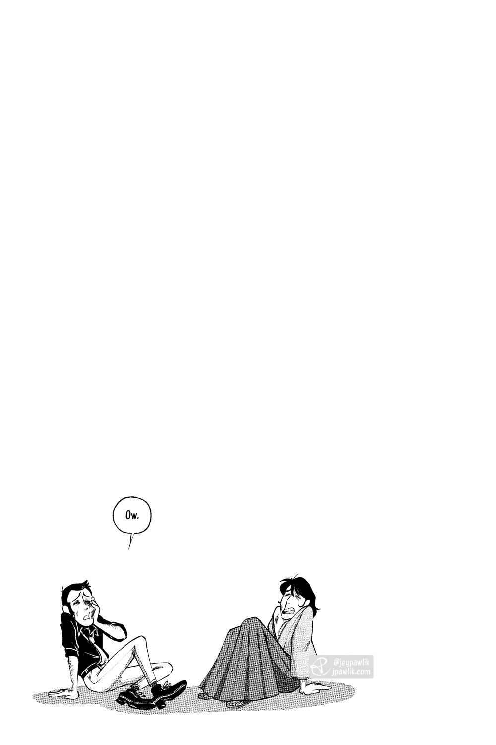 Comic page done in black and white with halftones. The page is largly empty save for the bottom left corner where a small beat up Lupin and Goemon are sitting together. Lupin is holding his cheek saying "Ow." while Goemon tries to catch his breath.