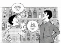 Illustration of Jey and Max standing in front of a wall of different wines, each wine is named after genres for Lupin: silly, comfort, dark, light, wholesome romance, Lupin Zero. Max is saying "Hm, should we try a more serious one today?" with Jey responding "Oh yes, then we can open 'wholesome romance' next."