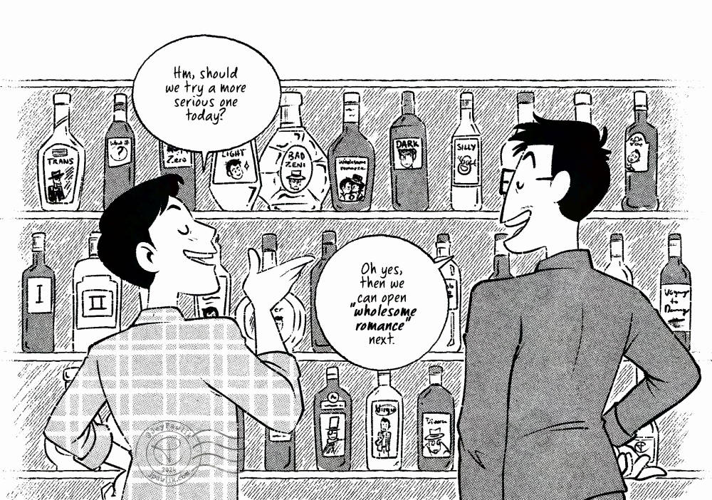 Illustration of Jey and Max standing in front of a wall of different wines, each wine is named after genres for Lupin: silly, comfort, dark, light, wholesome romance, Lupin Zero. Max is saying "Hm, should we try a more serious one today?" with Jey responding "Oh yes, then we can open 'wholesome romance' next."