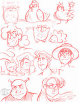 Sketches of various characters in red pencil, most from the shoulders up: Darumaka, a chicken, a chicken wearing armor, Stevonnie, Darumaka and Snom, Luffy, Hercules, the main character from Never Satisfied, Shrek, Utena.