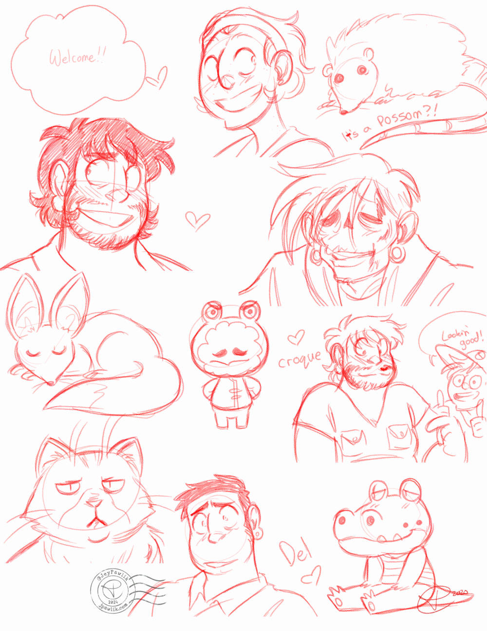 Sketches of various characters in red pencil, most from the shoulders up: Mikael and JP from Dead City, a possom, a zombie, a fox, Croque from Animal Crossing, JP wearing Mikael's pocket dress, a cat, JP with short hair, and Del from Animal Crossing.