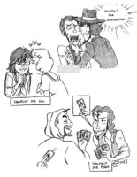 Page with three black and white illustrations. 1, Jigen looking into Lupin's mouth to see he has vampire teeth with text reading "shoutout for awildratman". 2, The two girls from Kill la Kill, one kissing the other on the cheek with text reading "shoutout for Kal". 3, Miguel and Tulio playing cards and cheating against one another with text reading "Shoutout for Peggy".